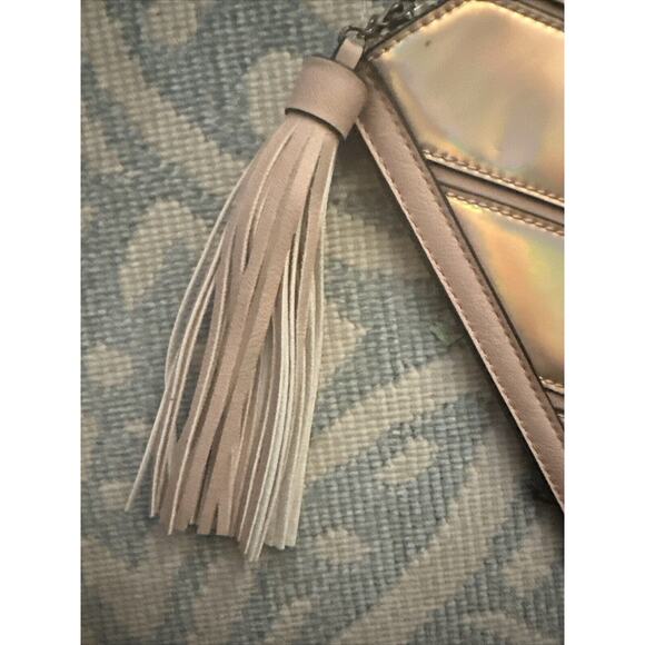 Mark Fran Faux Leather Clutch Bag Pink Iridescent Chevron Zip Tassel Bag Purse - Picture 6 of 16